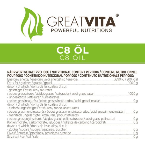 GreatVita C8-Öl, auf Kokosöl Basis 500 ml | Caprylsäure Fettsäuren | MCT Oil geschmacksneutral - Premium Qualität - Image 3