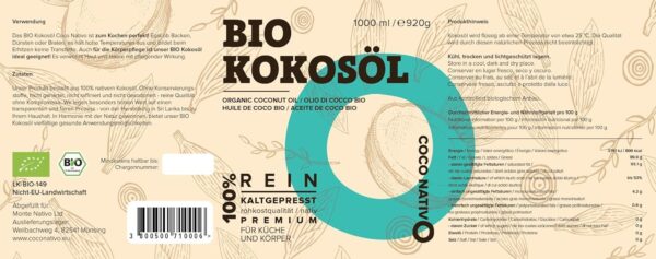 Bio Kokosöl CocoNativo - 1000mL (1L) - Bio Kokosfett, Kokosnussöl, Premium, Nativ, Kaltgepresst, Rohkostqualität, Rein - Image 7