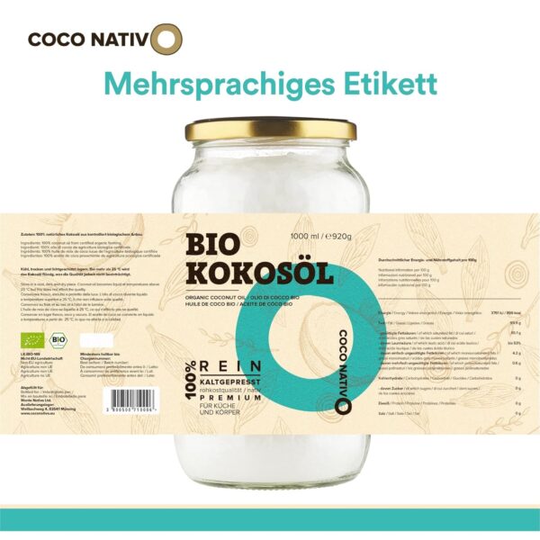 Bio Kokosöl CocoNativo - 1000mL (1L) - Bio Kokosfett, Kokosnussöl, Premium, Nativ, Kaltgepresst, Rohkostqualität, Rein - Image 9